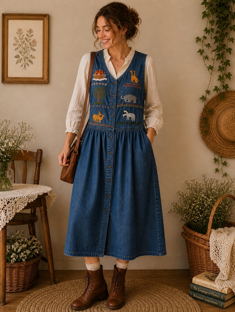 Vintage Denim Embroidered Noah's Ark  Dress 90s  Novelty Folk Midi Size 18